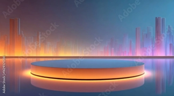 Fototapeta Illuminated circular platform before a city skyline at dusk