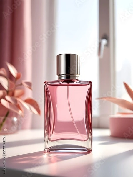 Fototapeta Pink perfume bottle product photography on white table by window luxury fragrance beauty shot