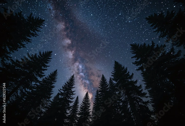 Obraz Pine Trees Beneath Star-Filled Sky.
