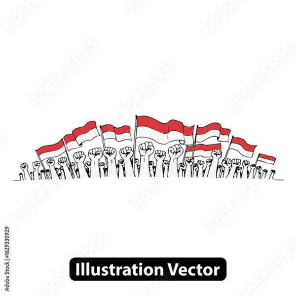 Fototapeta Patriotic celebration with a crowd waving red and white flags and raising their fists in unity