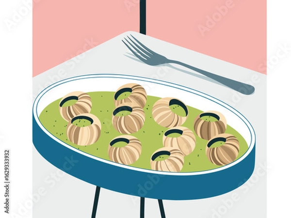 Fototapeta Delicious escargots in garlic butter served in a blue oval dish with a fork snails