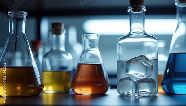 Fototapeta Assorted laboratory glassware with colorful chemical solutions and copy space for science studies; experimental laboratory