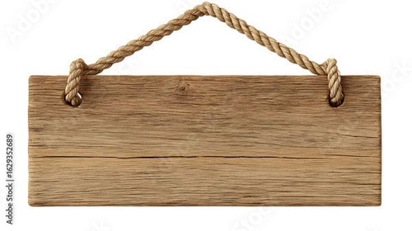 Obraz Blank wooden signboard hanging by rope on white background. 