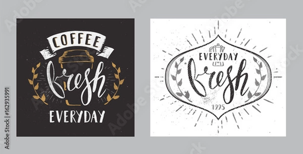 Fototapeta Set of Coffee Cafe Fresh Everyday Sign Fictitious name Template Hand Drawn Calligraphy Pen Brush Vector