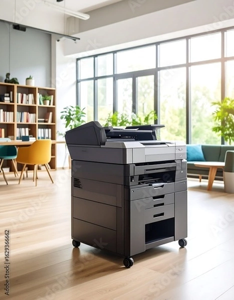 Fototapeta Modern office interior with a large multifunction printer on wheels in the foreground