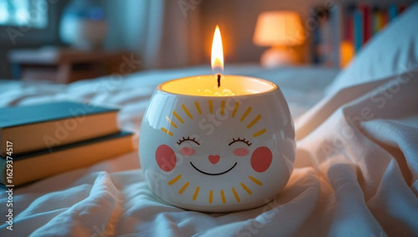 Fototapeta Cute Smiling Sun Candle on a Bedside Table
