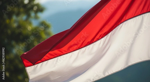 Fototapeta Indonesian Independence Day Celebrated with the National Flag Flying Proudly Against a Scenic Background