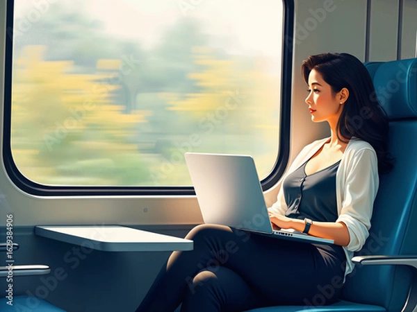Fototapeta Generated illustration of a woman sitting in a moving train with her laptop on her lap, looking at the train window