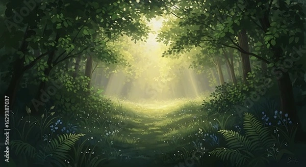 Obraz Enchanted Forest Path with Sunbeams Streaming Through the Lush Green Canopy