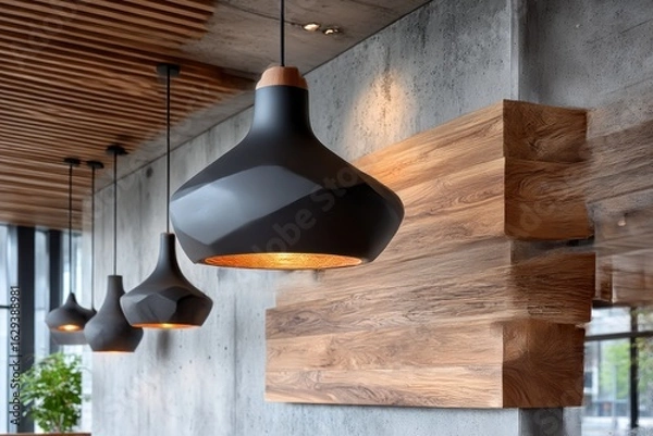 Fototapeta Modern pendant lights above wooden wall