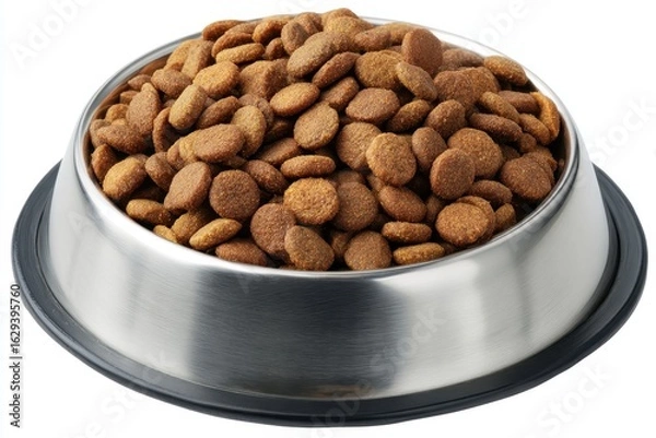 Fototapeta Dry extruded cat or dog food in a shiny steel bowl on a clean surface filled with pet nutrition