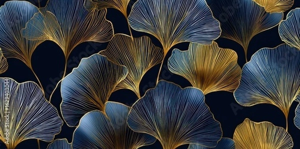 Obraz Dark navy blue and gold Ginkgo leaves pattern