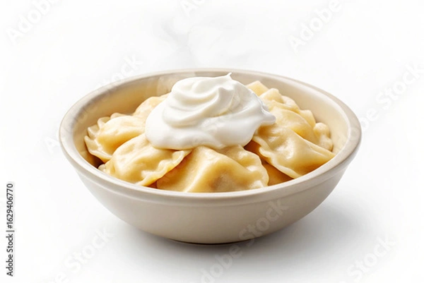 Obraz Creamy Sour Cream on Polish Pierogi in Beige Bowl dumplings