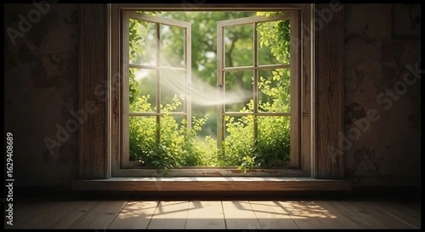 Fototapeta Sunlight streaming through an open window, illuminating plants and the room, creating a serene