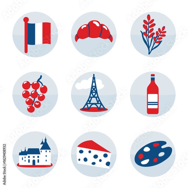 Fototapeta French icon set including croissant, flag, wine, grapes, castle and cheese, for a travel website or country flyer of la douce France
