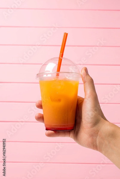 Obraz Lemonade in plastic glass with fruit in hand