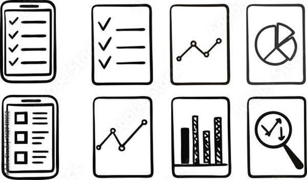 Obraz Hand-drawn Doodle Icons: Checklist, Charts, Graphs, Data Analysis, Mobile App UI Design Elements