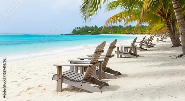 Fototapeta Idyllic tropical beach scene with wooden chairs under palm trees for relaxation