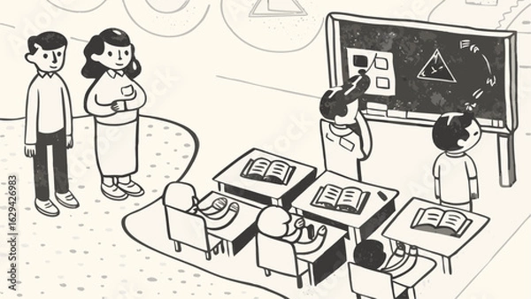 Fototapeta A classroom scene with a teacher at the blackboard and students at desks with books displayed
