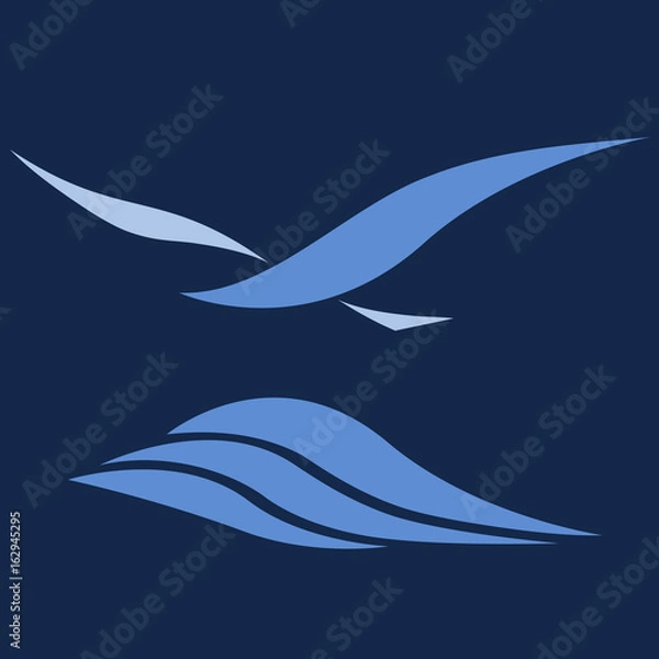 Obraz Tern or seagull flying over sea waves, stylized bird, isolated vector logo design