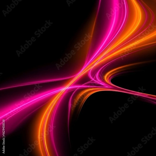 Fototapeta Abstract Neon Light Curves in Pink and Orange on Black Background