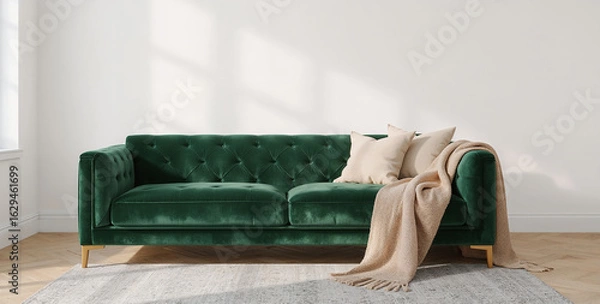 Fototapeta Interior, empty wall mockup of elegant emerald green velvet tufted sofa with throw blanket and pillows in a bright room 3d render real template
