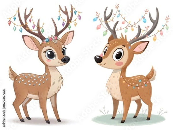 Obraz Two cute, cartoon style fawns decorated for christmas with colorful lights and jewels on their antlers stand side by side