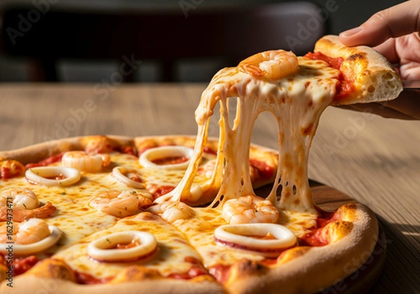 Fototapeta Mouthwatering Seafood Pizza Slice – Gooey Cheese Pull with Shrimp & Squid.
