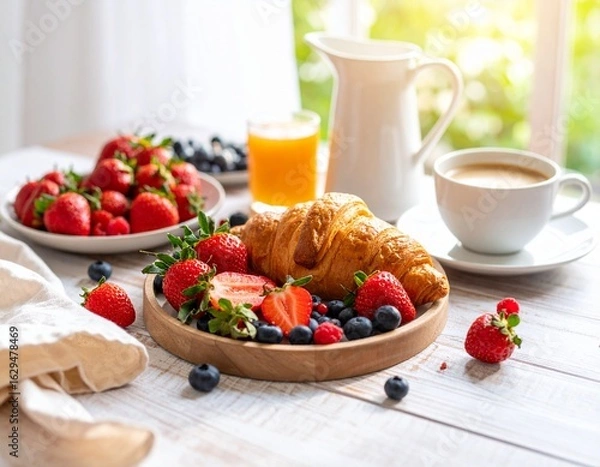 Fototapeta Delicious breakfast with croissants, fresh berries, juice, and coffee