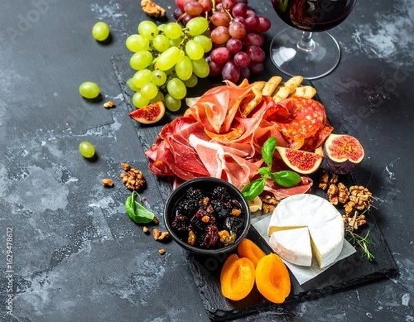 Fototapeta Charcuterie board with prosciutto, cheese, fruits, nuts, and a glass of red wine