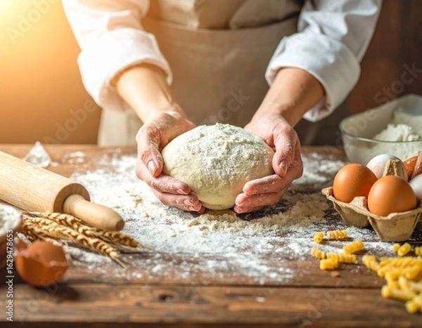 Fototapeta Hands holding a ball of fresh dough on a rustic kitchen table