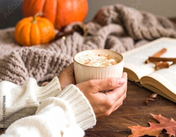 Fototapeta Hands holding a warm cup of coffee in a cozy autumn setting with pumpkins and a book