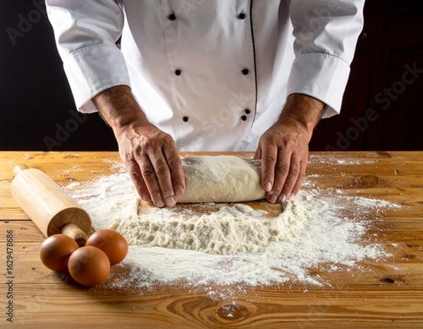 Fototapeta Baker's hands kneading dough on a wooden table with flour and eggs
