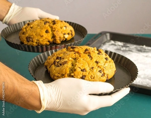 Fototapeta Hands in gloves holding a tray with large homemade chocolate chip cookies