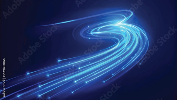 Fototapeta Abstract glowing lines forming a swirling stream of light against a dark blue backdrop