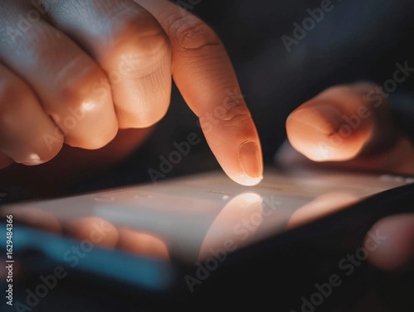 Fototapeta Finger touching a glowing screen of a mobile device in a dimly lit environment close up shot