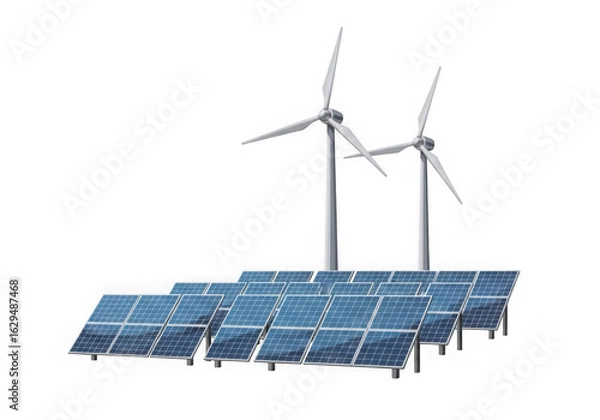 Fototapeta Solar panels and wind turbines generating clean and renewable energy as a sustainable alternative to fossil fuels isolated on transparent background