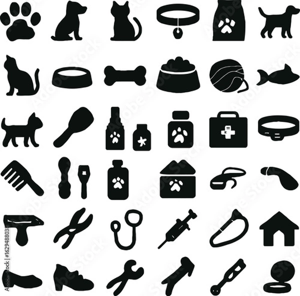 Fototapeta Black Silhouette Icons of Pets and Pet Supplies on White Background