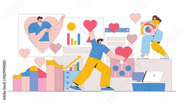 Fototapeta People interacting with charts graphs and hearts in a business social media marketing environment setting
