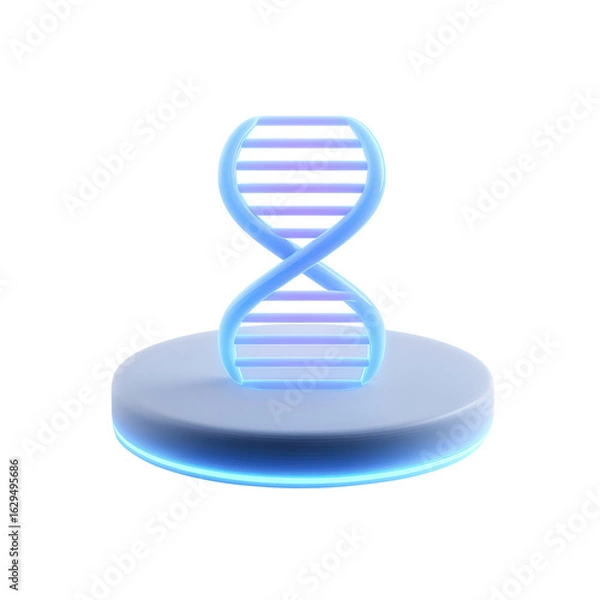 Fototapeta DNA strand on the podium: A striking, illuminated 3D rendering of a DNA strand sits on a pedestal, symbolizing the essence of life and genetic structure.