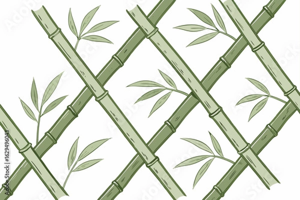 Obraz Illustration of bamboo stalks and leaves creating a simple crisscross pattern on a white background