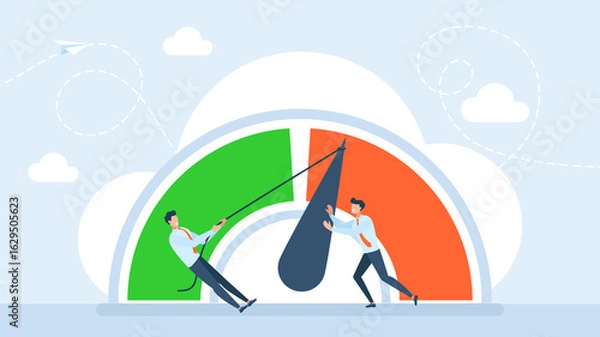 Obraz Reduce risk level or decrease stress anxiety meter. Push skill level, credit score or increase performance, improvement or effort to be better, excellent customer feedback review. Flat illustration