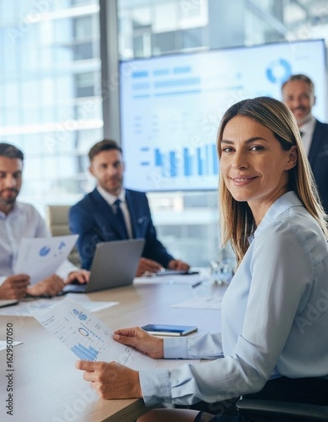 Fototapeta Confident Businesswoman at Meeting with Colleagues Analyzing Data Charts in Modern Office