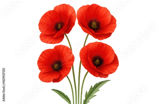Obraz Red poppies flowering on verdant stems, delicate petals vibrant against transparent backdrop, capturing botanical beauty