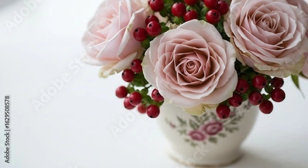 Fototapeta 優美な淡いピンク薔薇と赤い実 静謐な光が優しく包む花束. AI Generated