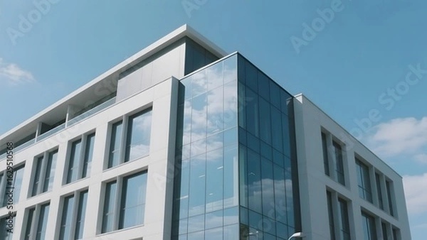 Fototapeta Modern multi-story building with reflective glass facade under a clear blue sky