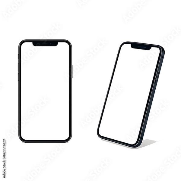 Obraz Two modern black smartphones with blank white screens for mockup. Front and perspective view isolated on a white background. Vector illustration.