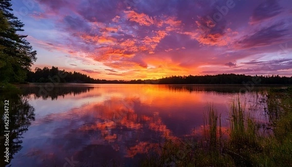 Fototapeta a vibrant sunset over a calm lake the sky is filled with purple and orange hues reflecting on the water s surface soft clouds add texture to the scene