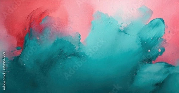 Fototapeta Abstract watercolor painting. Turquoise, coral hues blend, creating soft textures. Fluid shapes suggest clouds, smoke, or water. Minimalist design.