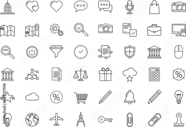 Fototapeta Vector art of assortment of handdrawn outline icons for business, finance, technology, and lifestyle, isolated on white background transparent background